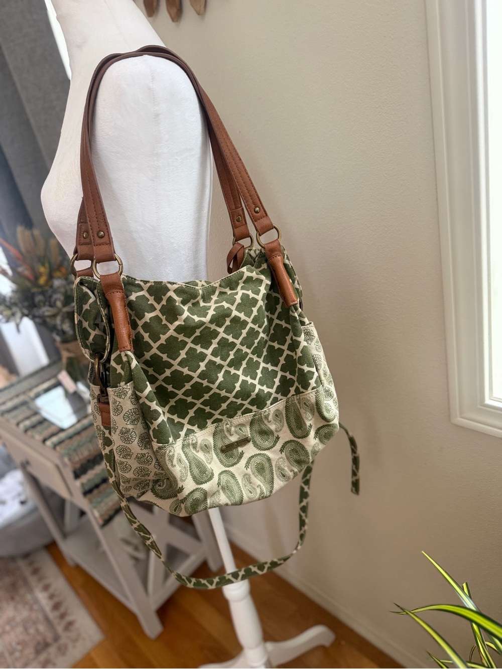 🍀 Lucky Brand Mixed Print Canvas Hobo Crossbody Bag | Green Paisley Boho Tote